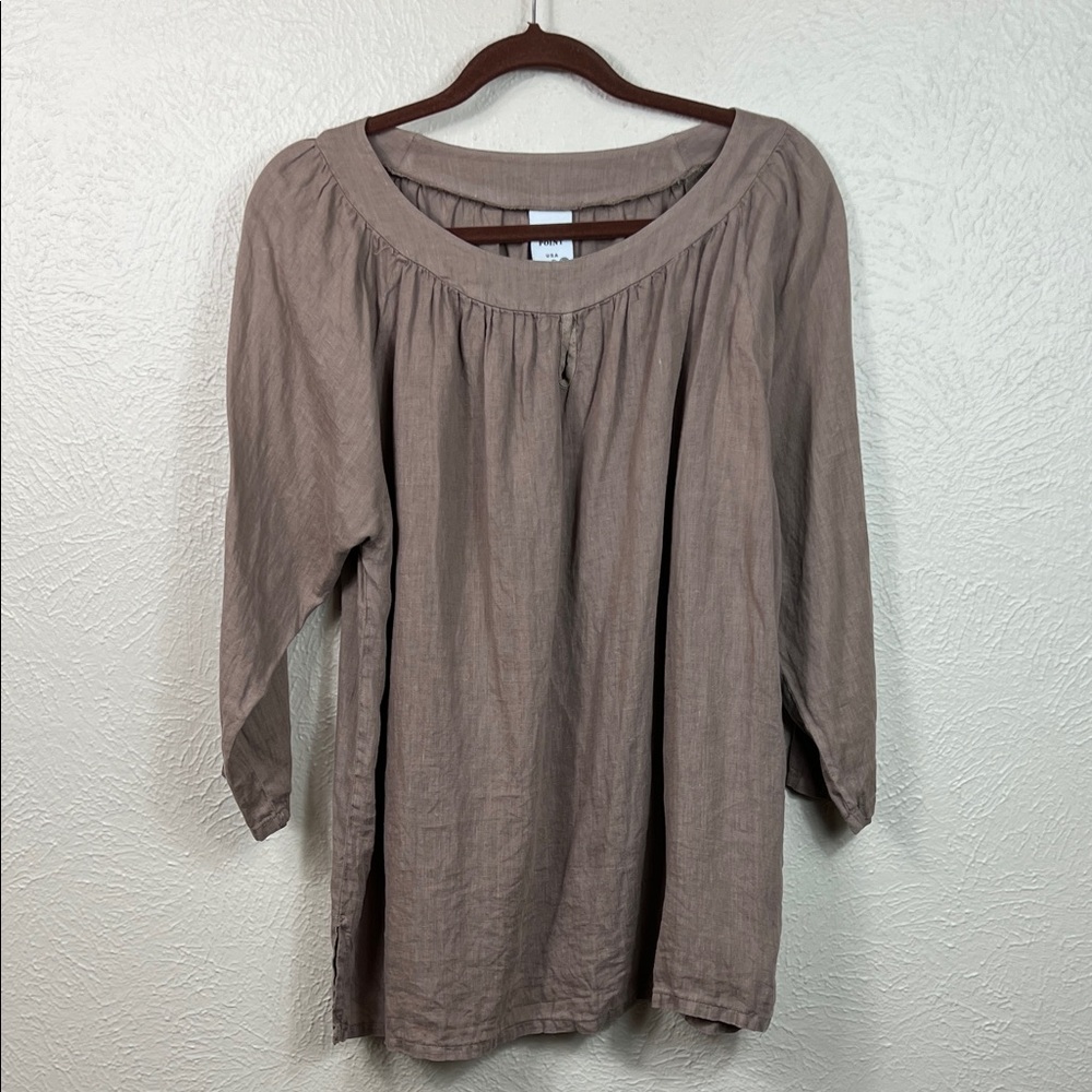 Match Point Linen 3/4 Sleeve Scoop Neck Light Brown Tunic Top Medium